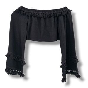 Skylar Madison Black Off Shoulder Crop Top Long Sleeve‎ Tassel Trim